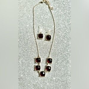 Signed NRT AVON Matching Red Faux Ruby Necklace & Dangle/Drop Earrings.